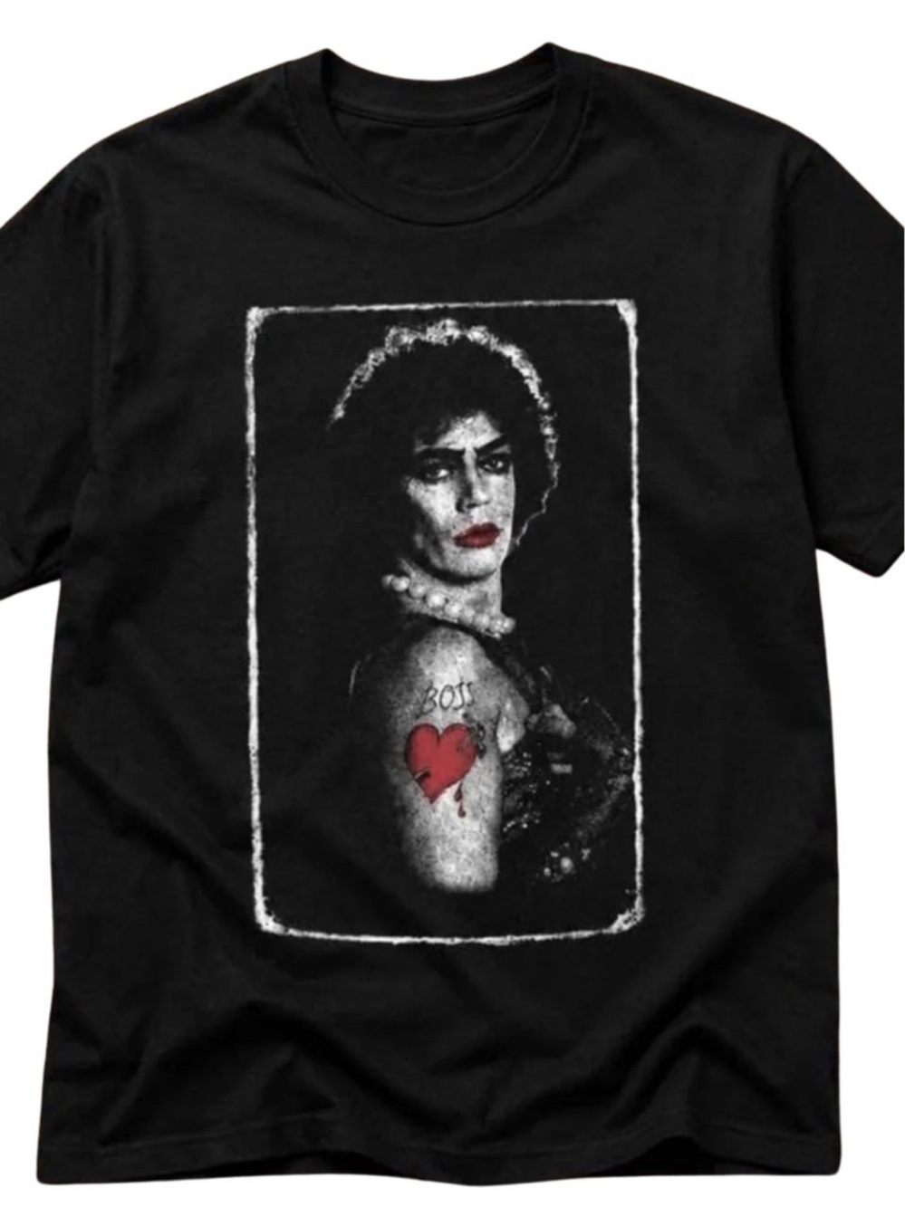 Black Tim Curry Tee with Red Heart Tattoo Graphic